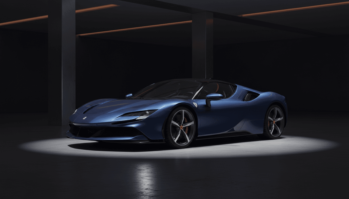 Premium JDM sports car displayed under dramatic studio lighting in a modern garage